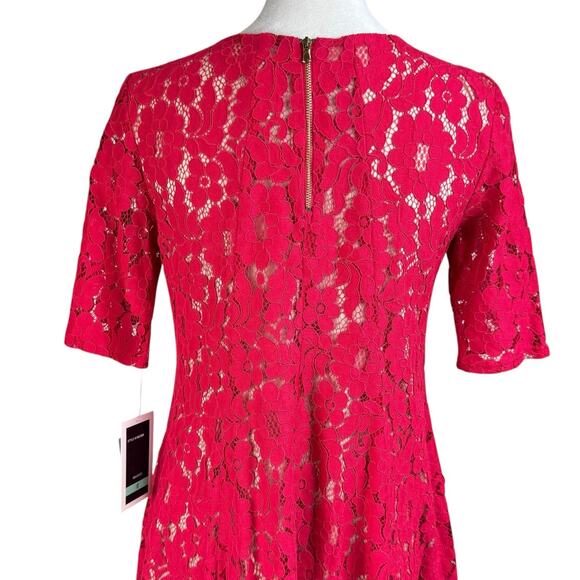 Julian Taylor NWT Red Floral Lace Sheer Nude Lining V-neck Trapeze Party Dress - Picture 8 of 14